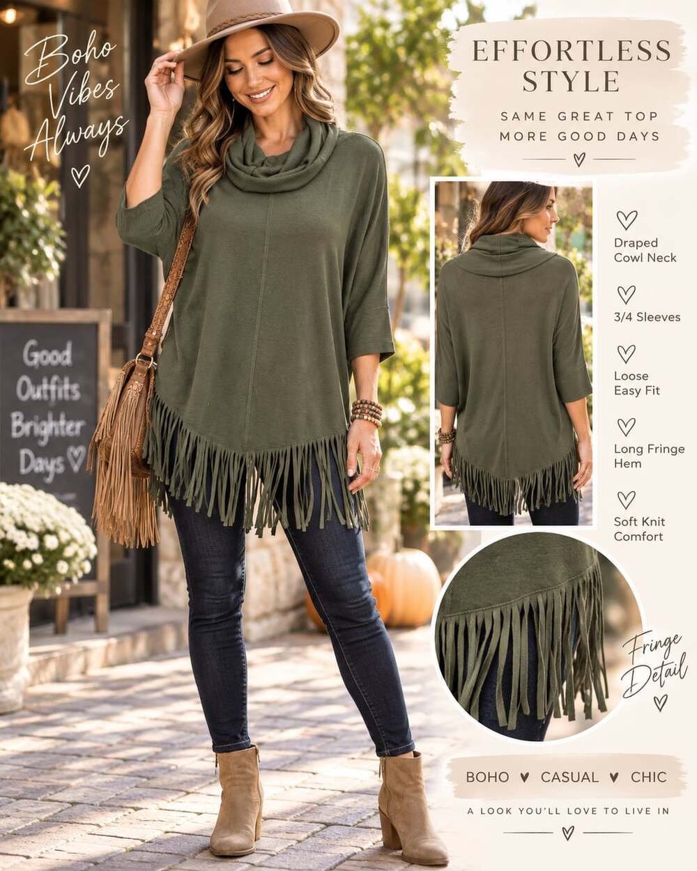 Cowl Neck Fringe Olive Sweater Size Small NWT